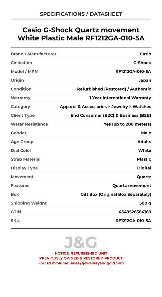 Casio G-Shock Quartz movement White Plastic Male RF1212GA-010-5A - Specifications