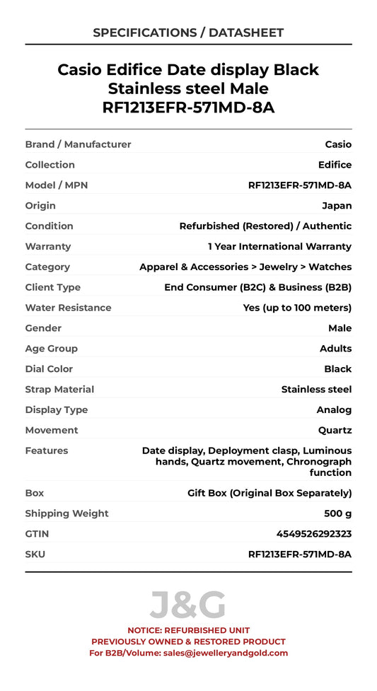 Casio Edifice Date display Black Stainless steel Male RF1213EFR-571MD-8A - Specifications