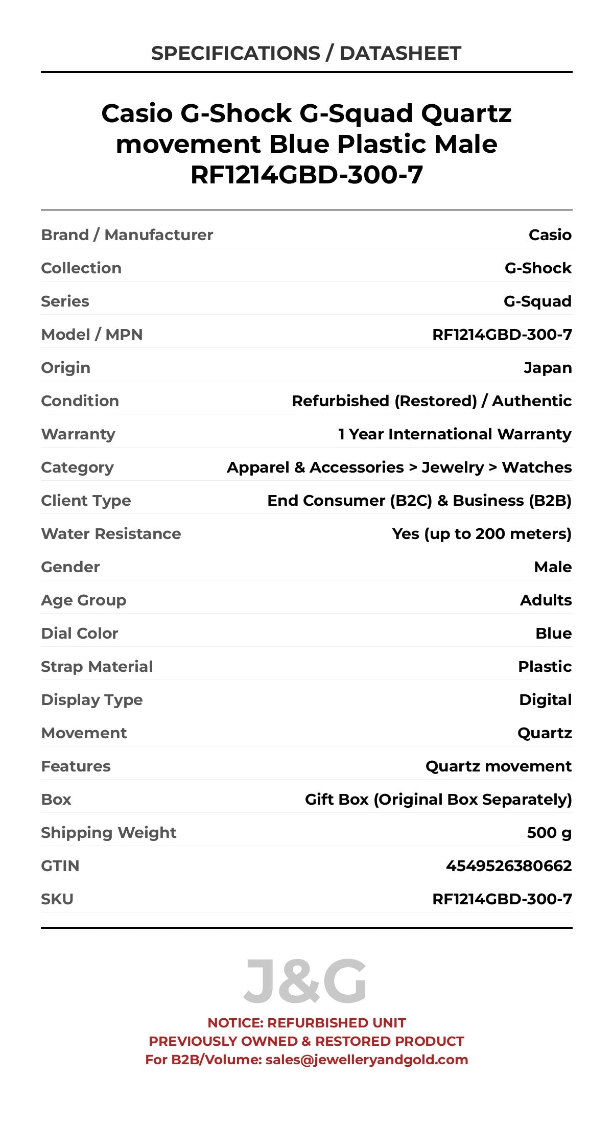 Casio G-Shock G-Squad Quartz movement Blue Plastic Male RF1214GBD-300-7 - Specifications