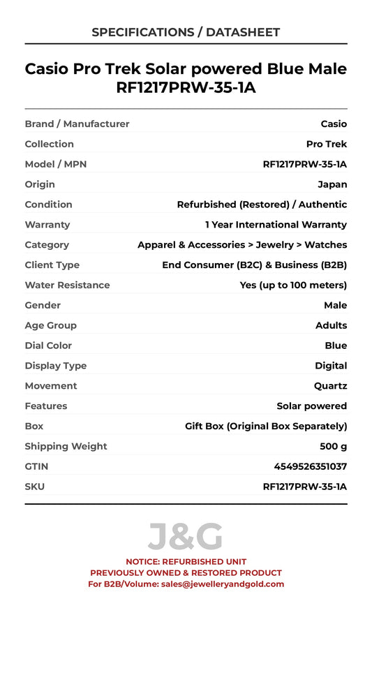 Casio Pro Trek Solar powered Blue Male RF1217PRW-35-1A - Specifications