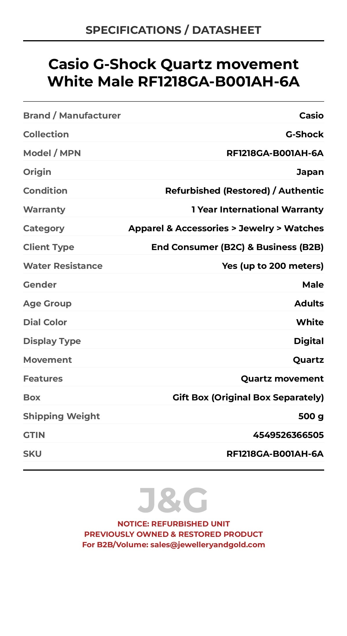 Casio G-Shock Quartz movement White Male RF1218GA-B001AH-6A - Specifications