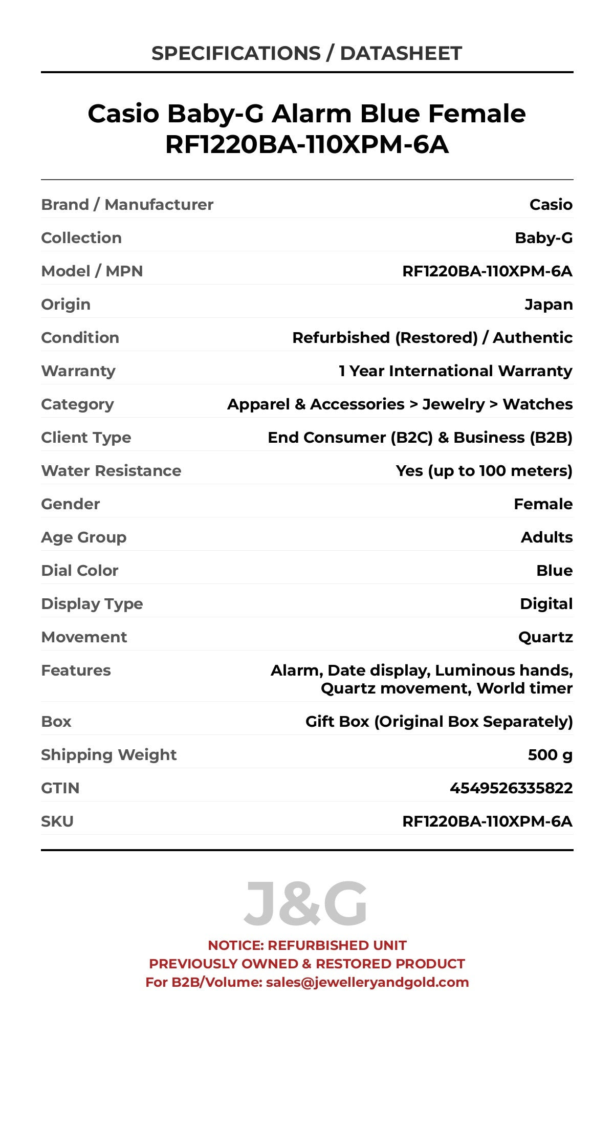 Casio Baby-G Alarm Blue Female RF1220BA-110XPM-6A - Specifications