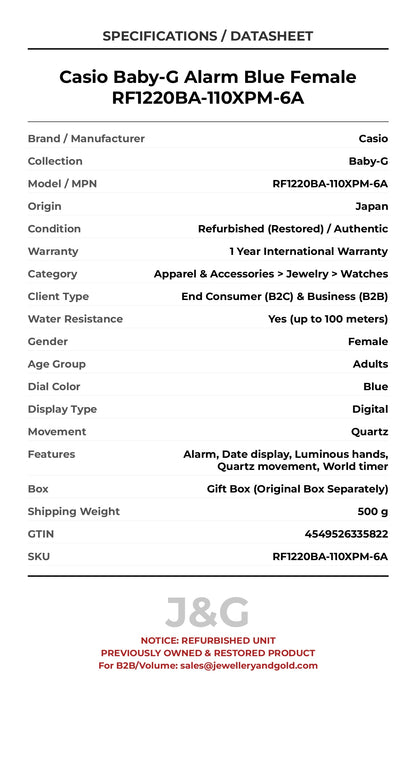 Casio Baby-G Alarm Blue Female RF1220BA-110XPM-6A - Specifications