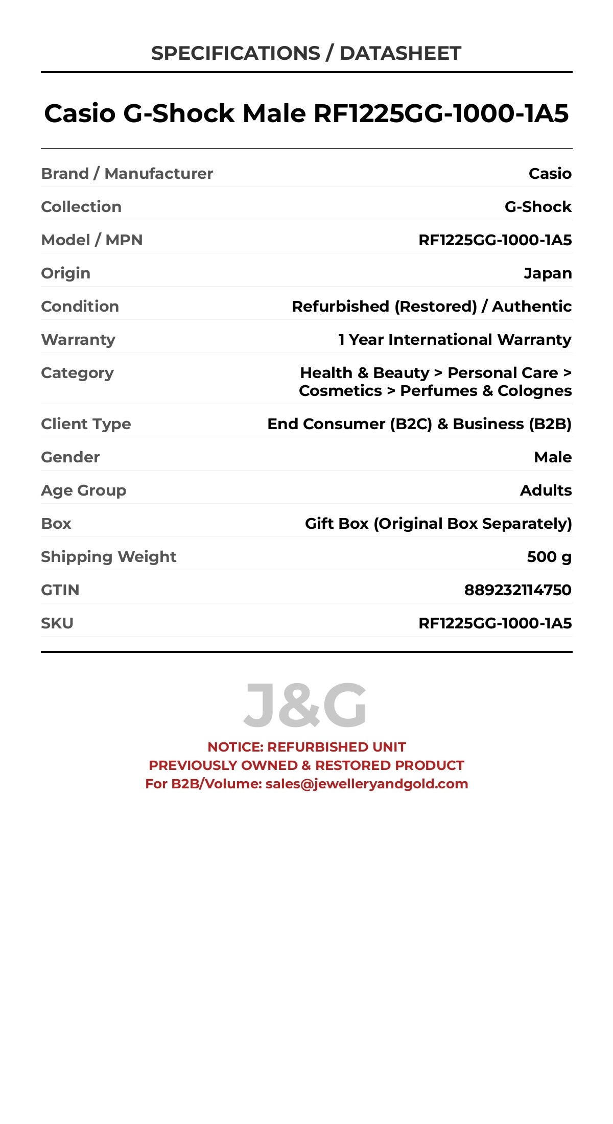 Casio G-Shock Male RF1225GG-1000-1A5 - Specifications