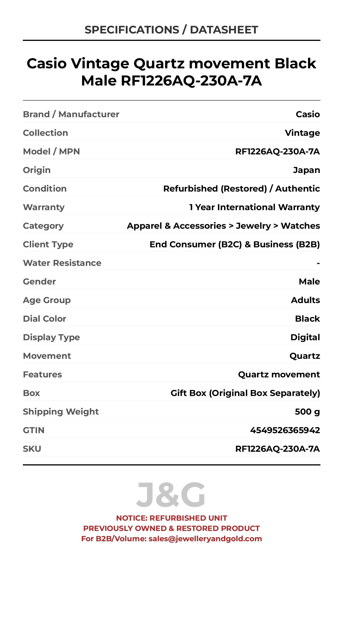 Casio Vintage Quartz movement Black Male RF1226AQ-230A-7A - Specifications