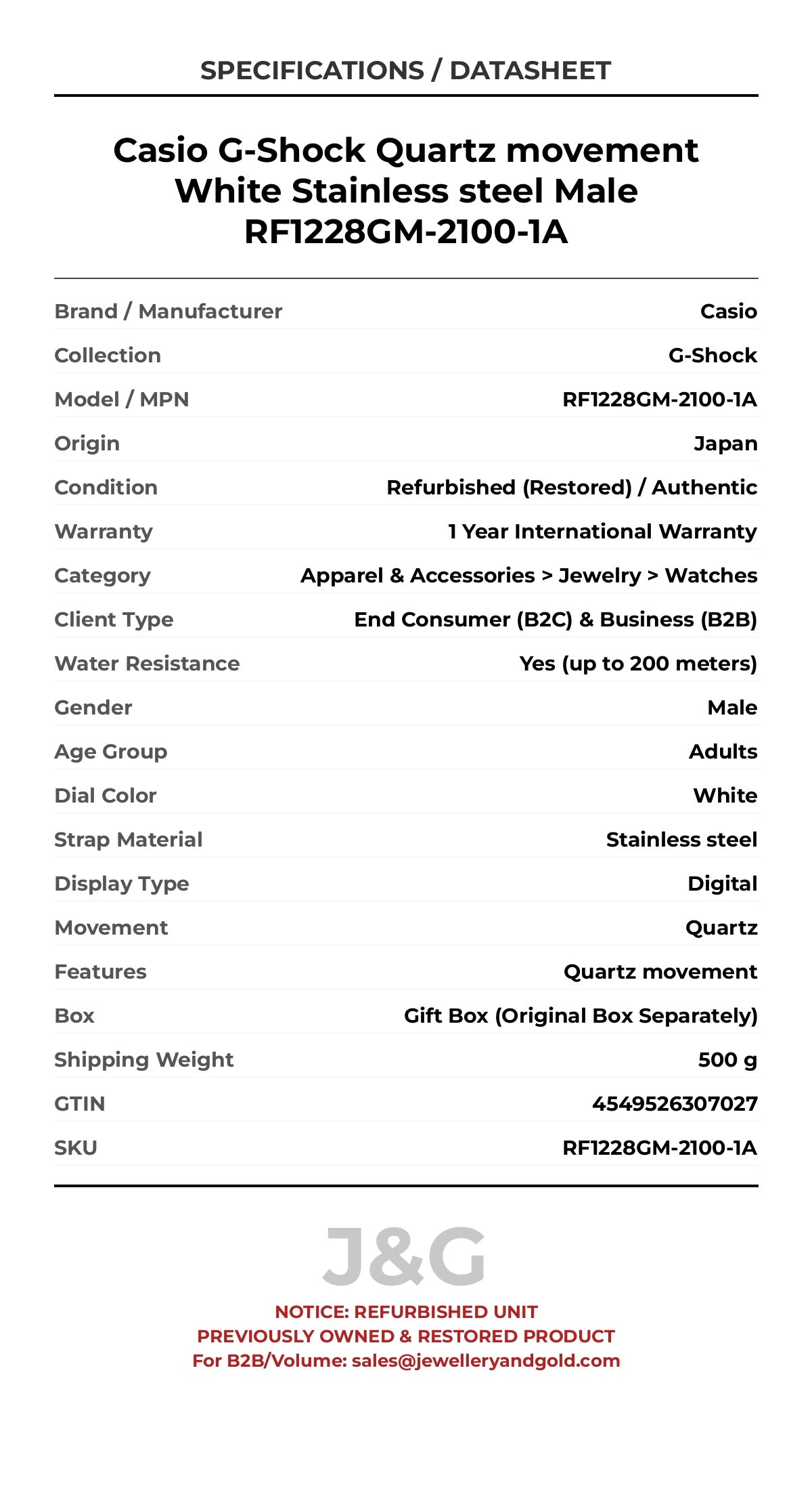 Casio G-Shock Quartz movement White Stainless steel Male RF1228GM-2100-1A - Specifications
