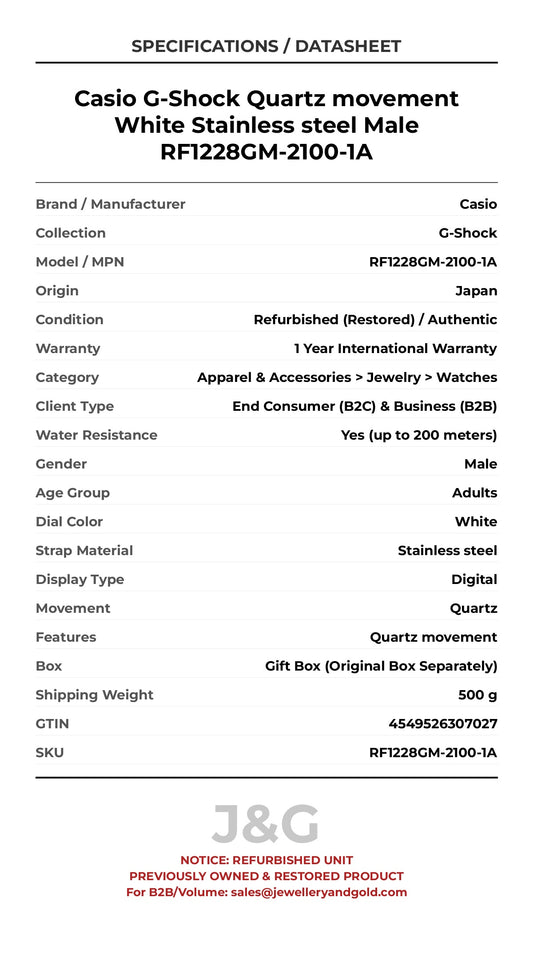 Casio G-Shock Quartz movement White Stainless steel Male RF1228GM-2100-1A - Specifications