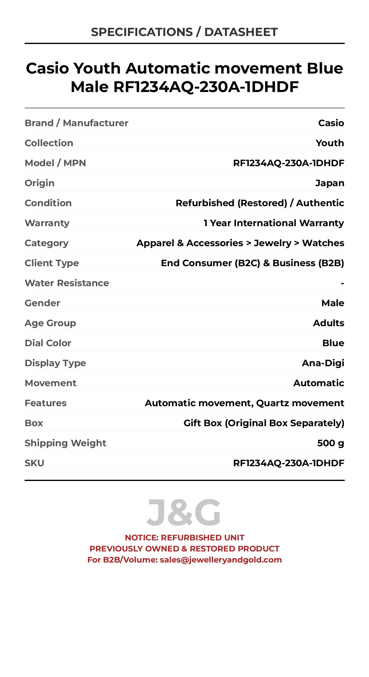 Casio Youth Automatic movement Blue Male RF1234AQ-230A-1DHDF - Specifications