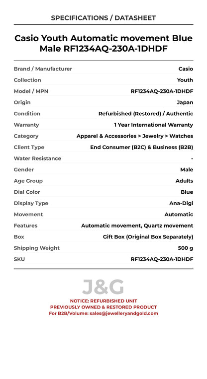 Casio Youth Automatic movement Blue Male RF1234AQ-230A-1DHDF - Specifications