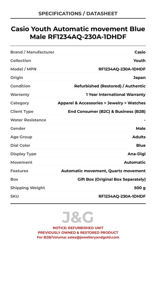 Casio Youth Automatic movement Blue Male RF1234AQ-230A-1DHDF - Specifications