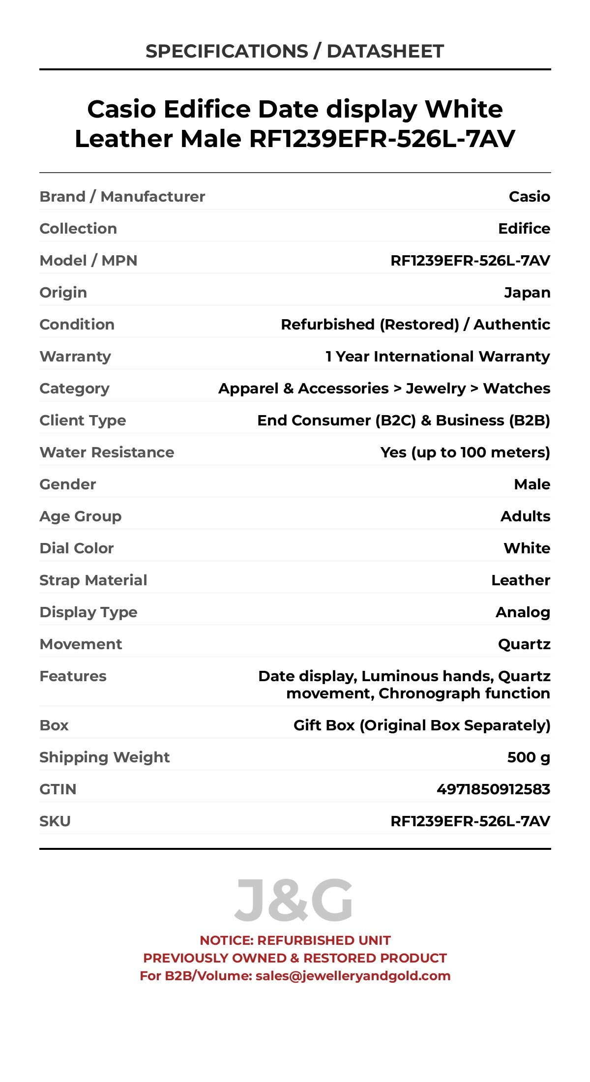 Casio Edifice Date display White Leather Male RF1239EFR-526L-7AV - Specifications