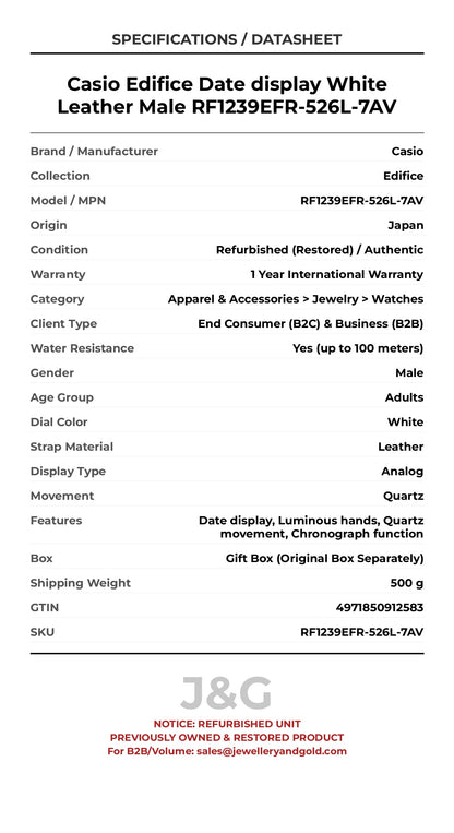 Casio Edifice Date display White Leather Male RF1239EFR-526L-7AV - Specifications
