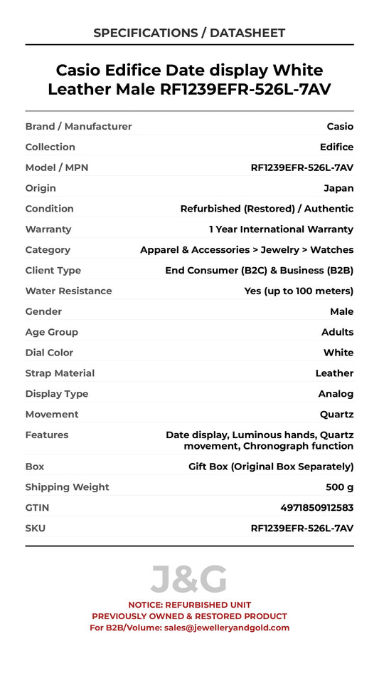 Casio Edifice Date display White Leather Male RF1239EFR-526L-7AV - Specifications