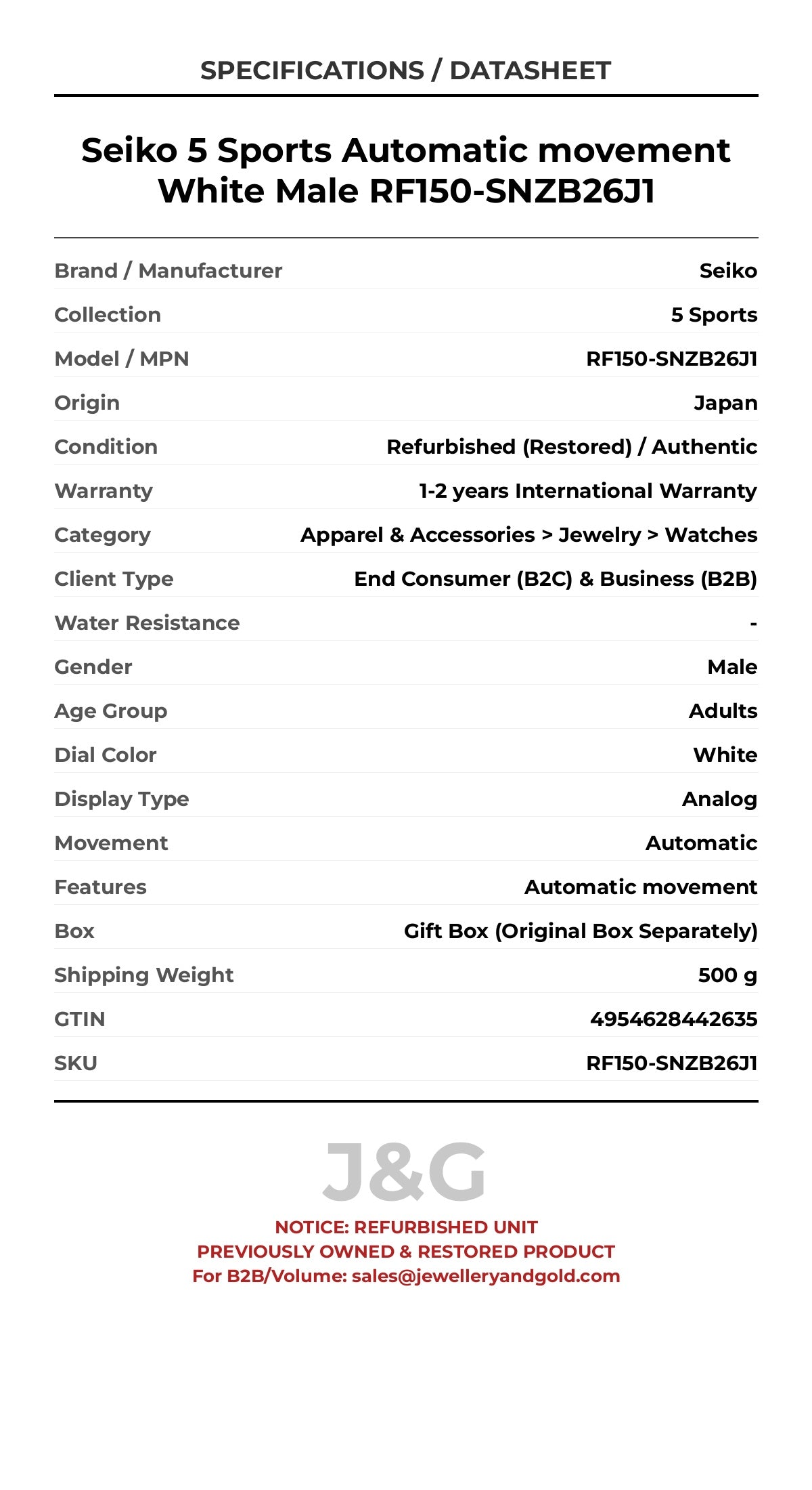 Seiko 5 Sports Automatic movement White Male RF150-SNZB26J1 - Specifications