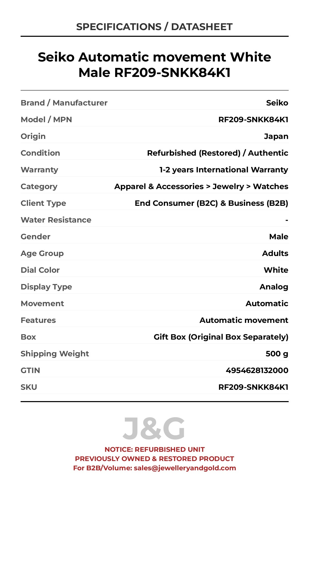 Seiko Automatic movement White Male RF209-SNKK84K1 - Specifications