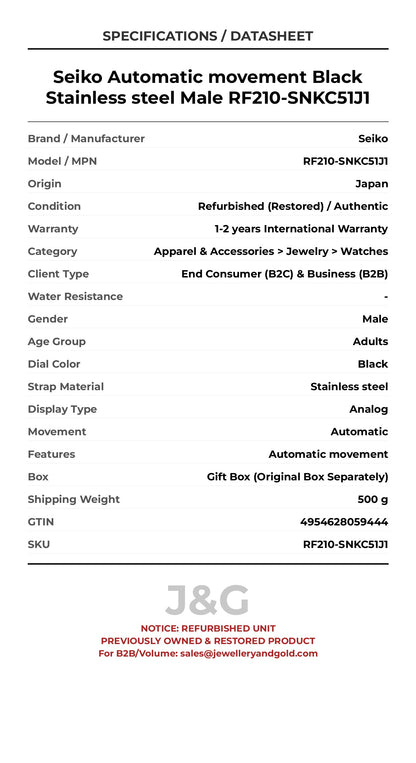 Seiko Automatic movement Black Stainless steel Male RF210-SNKC51J1 - Specifications