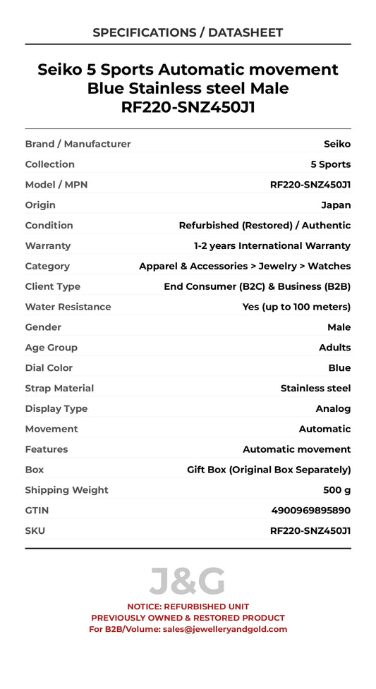 Seiko 5 Sports Automatic movement Blue Stainless steel Male RF220-SNZ450J1 - Specifications