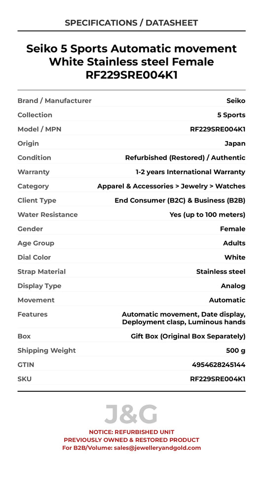 Seiko 5 Sports Automatic movement White Stainless steel Female RF229SRE004K1 - Specifications