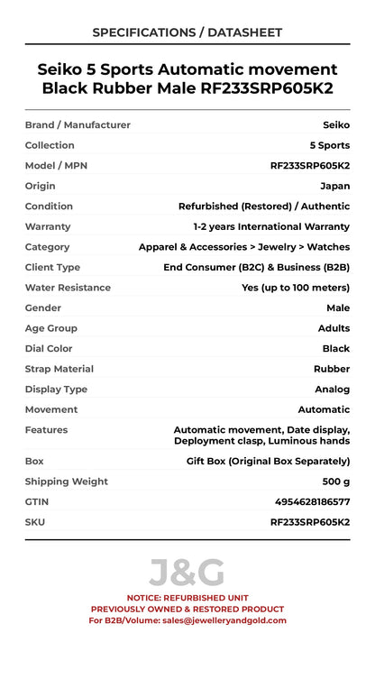 Seiko 5 Sports Automatic movement Black Rubber Male RF233SRP605K2 - Specifications