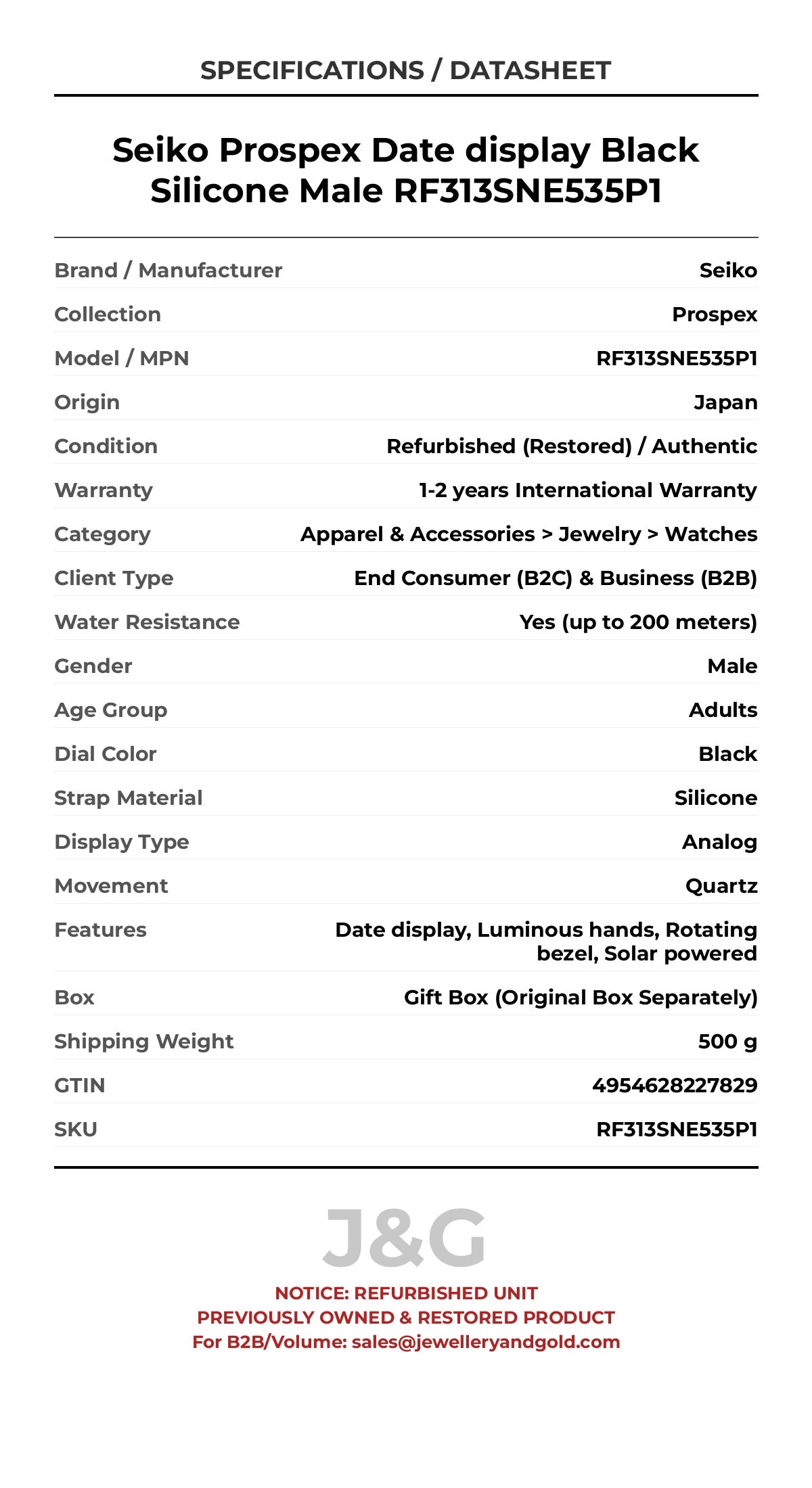 Seiko Prospex Date display Black Silicone Male RF313SNE535P1 - Specifications
