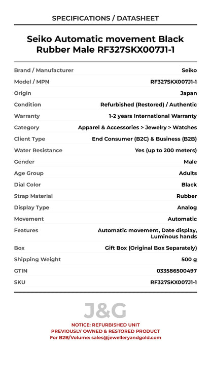 Seiko Automatic movement Black Rubber Male RF327SKX007J1-1 - Specifications