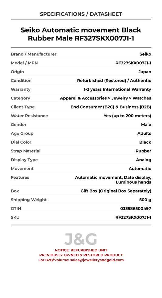 Seiko Automatic movement Black Rubber Male RF327SKX007J1-1 - Specifications