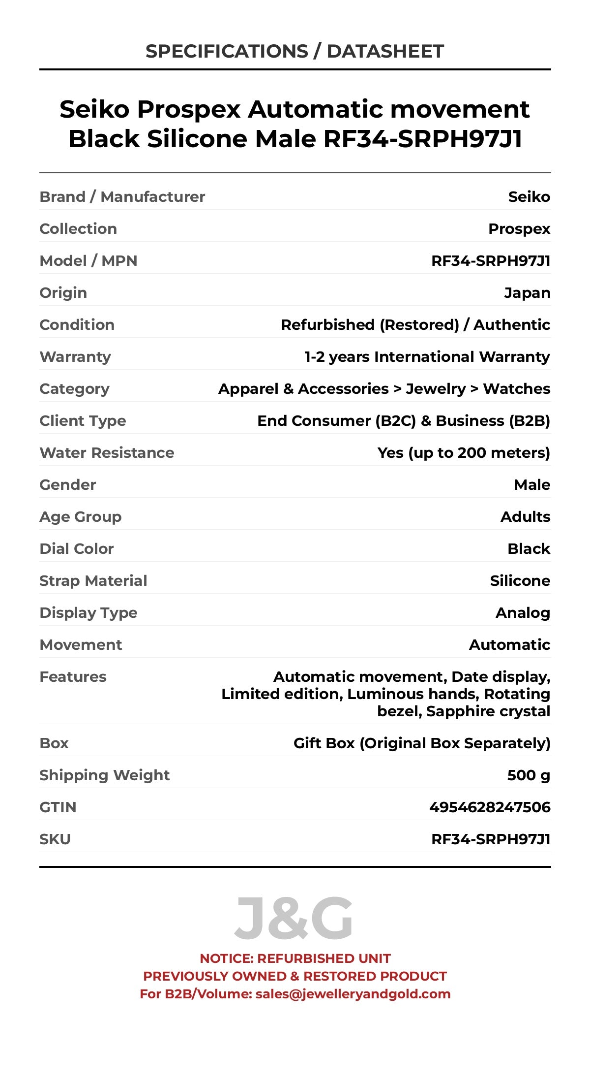 Seiko Prospex Automatic movement Black Silicone Male RF34-SRPH97J1 - Specifications