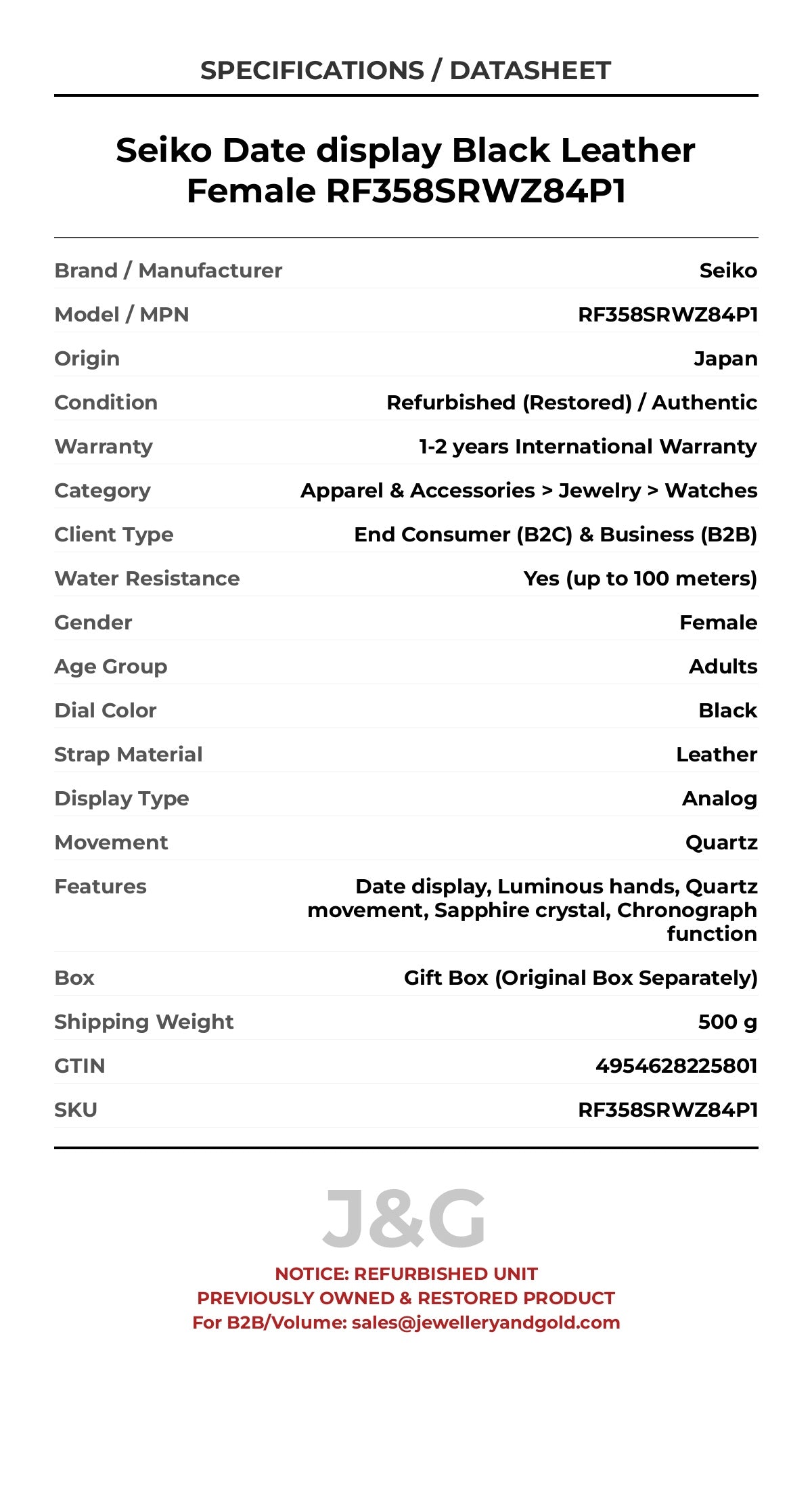 Seiko Date display Black Leather Female RF358SRWZ84P1 - Specifications