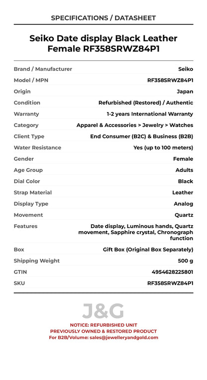 Seiko Date display Black Leather Female RF358SRWZ84P1 - Specifications