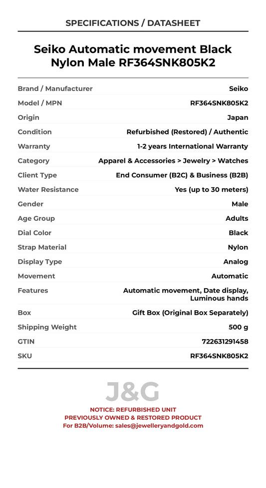 Seiko Automatic movement Black Nylon Male RF364SNK805K2 - Specifications