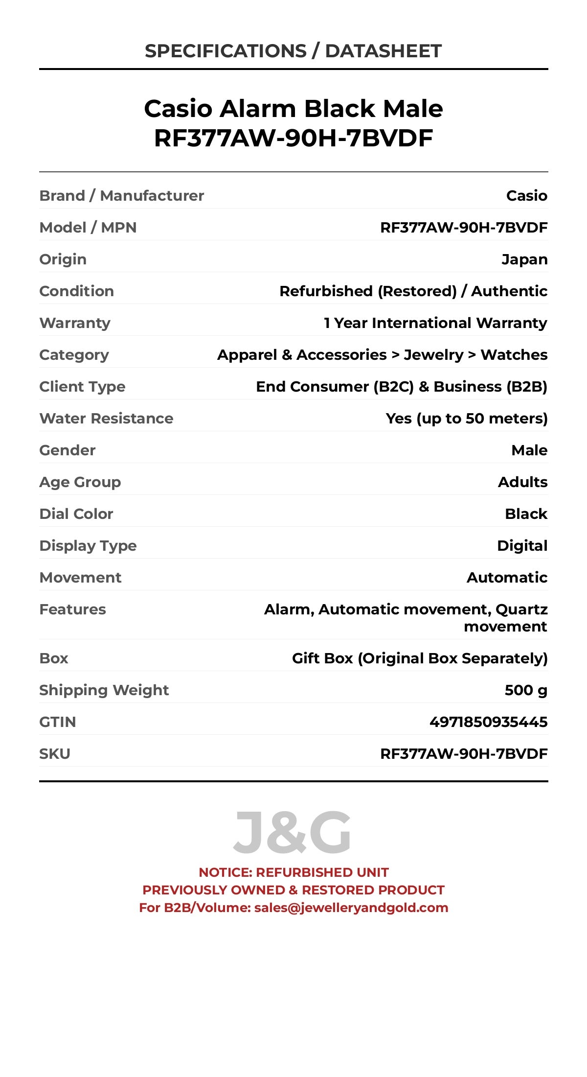 Casio Alarm Black Male RF377AW-90H-7BVDF - Specifications