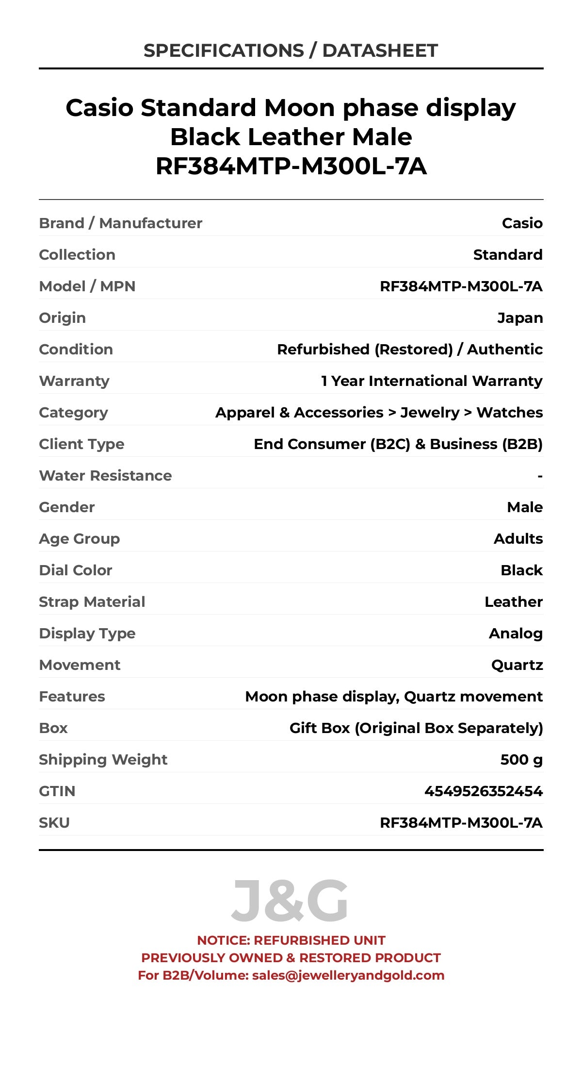 Casio Standard Moon phase display Black Leather Male RF384MTP-M300L-7A - Specifications