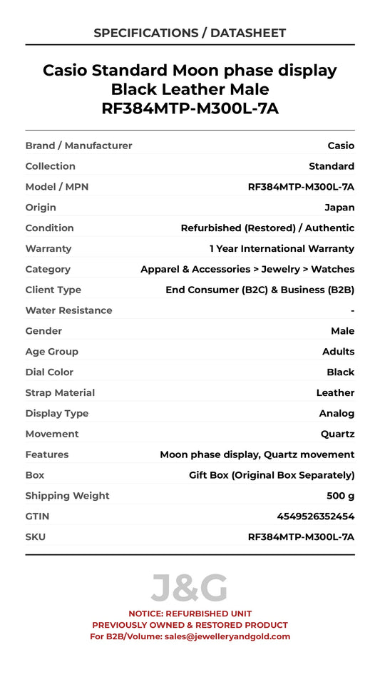 Casio Standard Moon phase display Black Leather Male RF384MTP-M300L-7A - Specifications