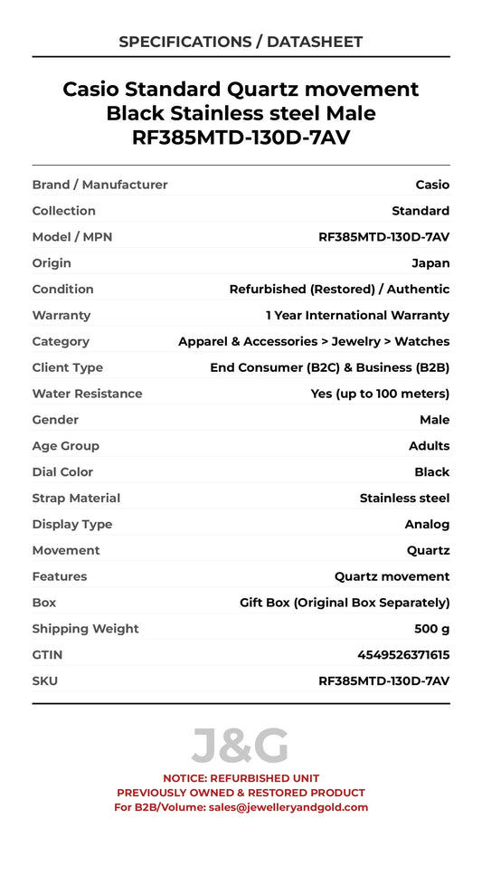 Casio Standard Quartz movement Black Stainless steel Male RF385MTD-130D-7AV - Specifications