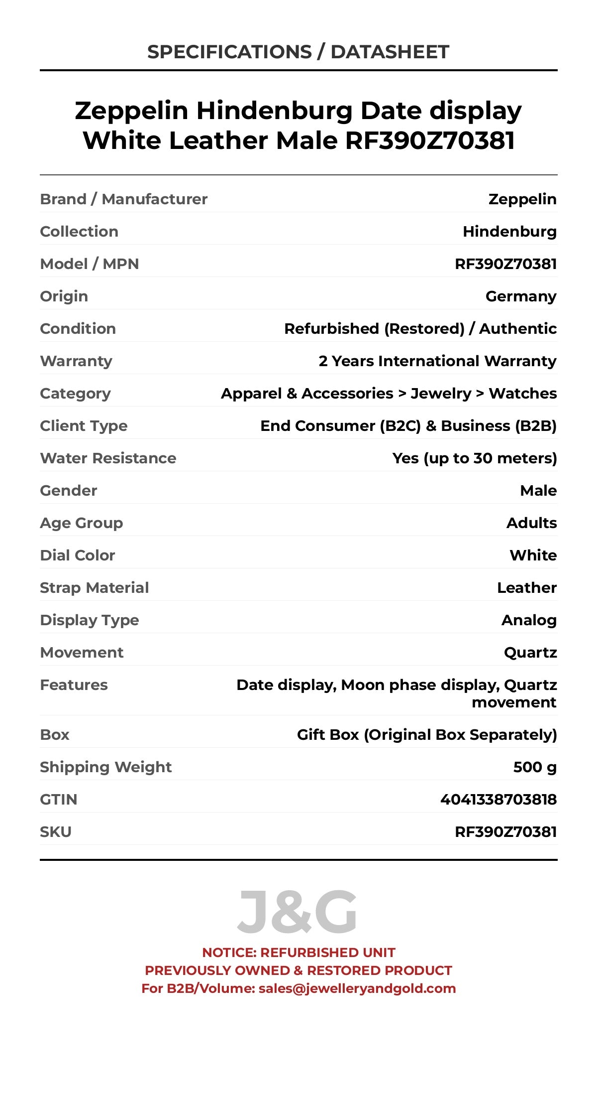 Zeppelin Hindenburg Date display White Leather Male RF390Z70381 - Specifications