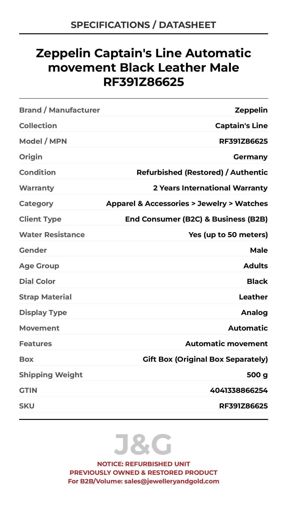 Zeppelin Captain's Line Automatic movement Black Leather Male RF391Z86625 - Specifications