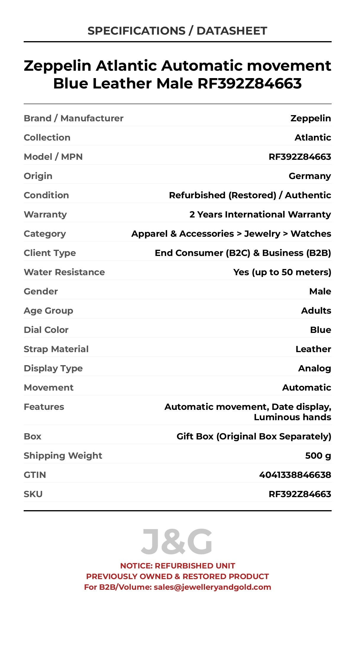 Zeppelin Atlantic Automatic movement Blue Leather Male RF392Z84663 - Specifications