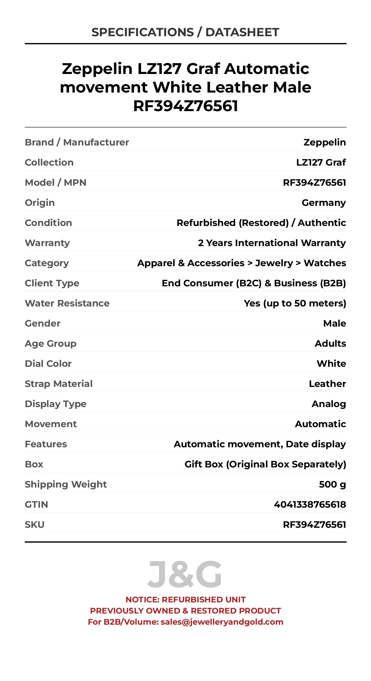 Zeppelin LZ127 Graf Automatic movement White Leather Male RF394Z76561 - Specifications