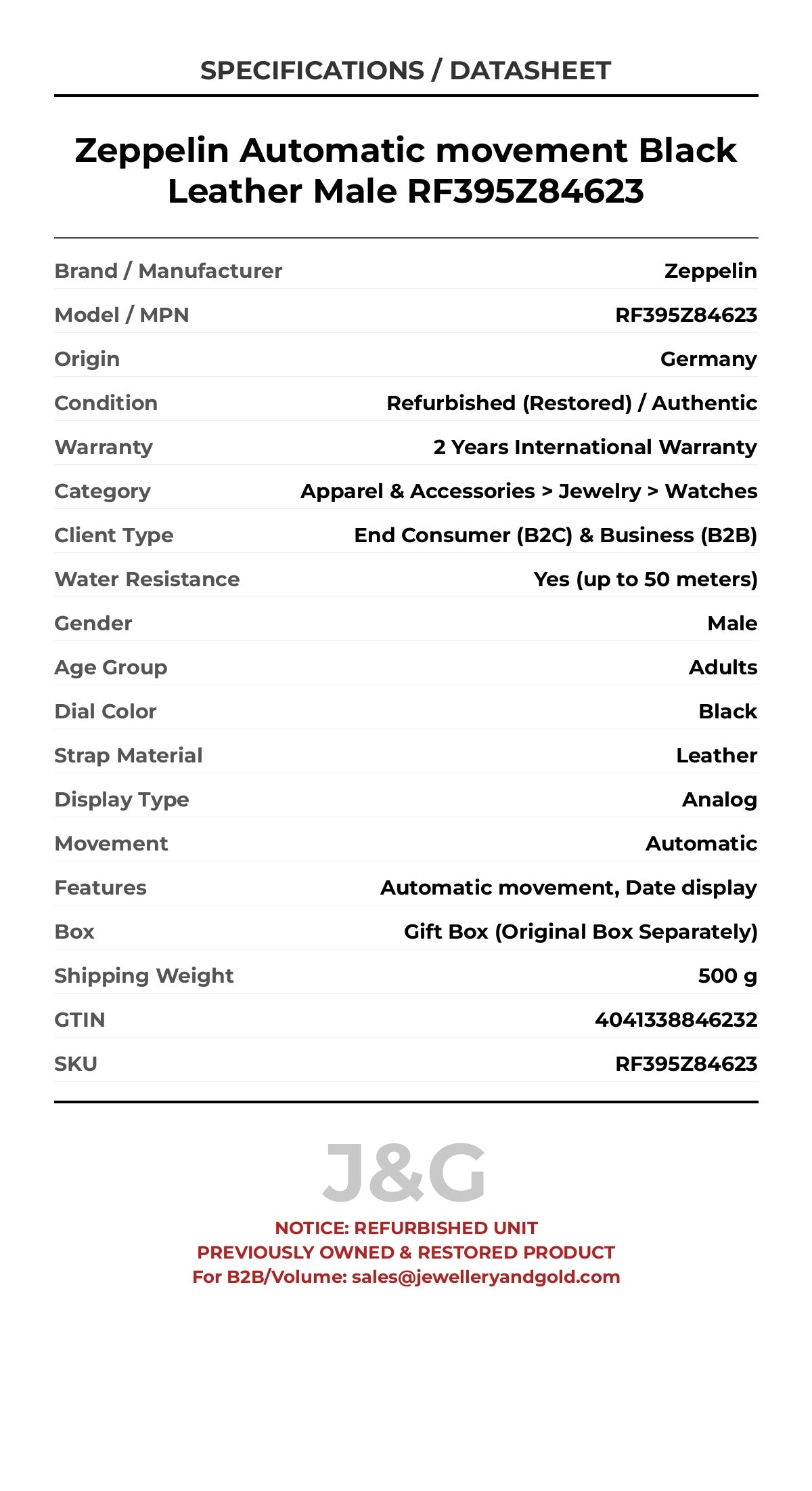 Zeppelin Automatic movement Black Leather Male RF395Z84623 - Specifications