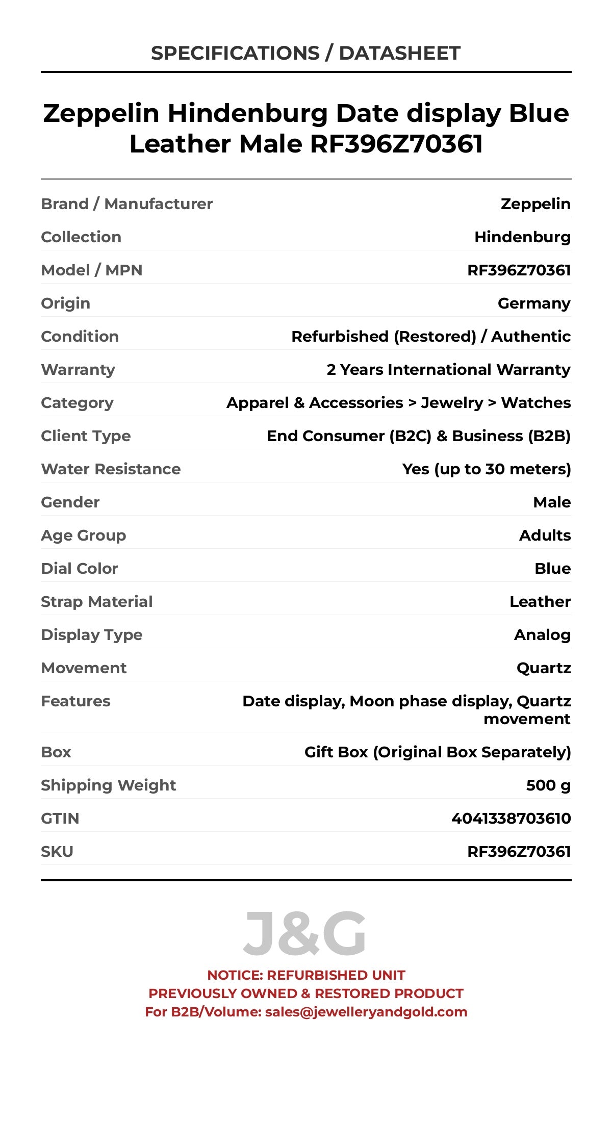 Zeppelin Hindenburg Date display Blue Leather Male RF396Z70361 - Specifications