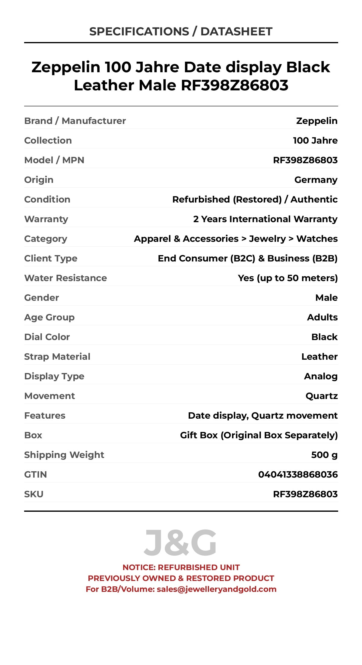 Zeppelin 100 Jahre Date display Black Leather Male RF398Z86803 - Specifications