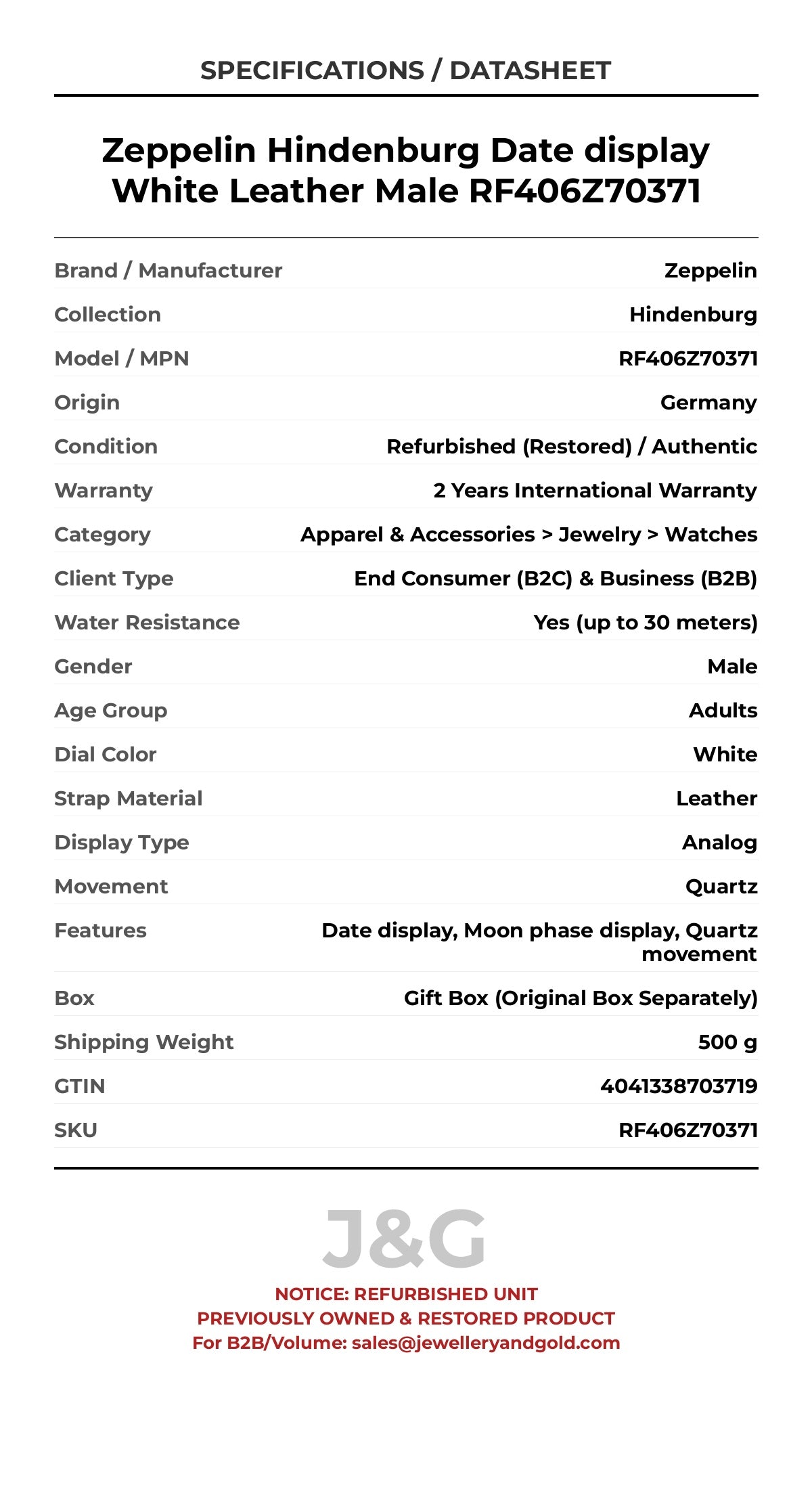 Zeppelin Hindenburg Date display White Leather Male RF406Z70371 - Specifications