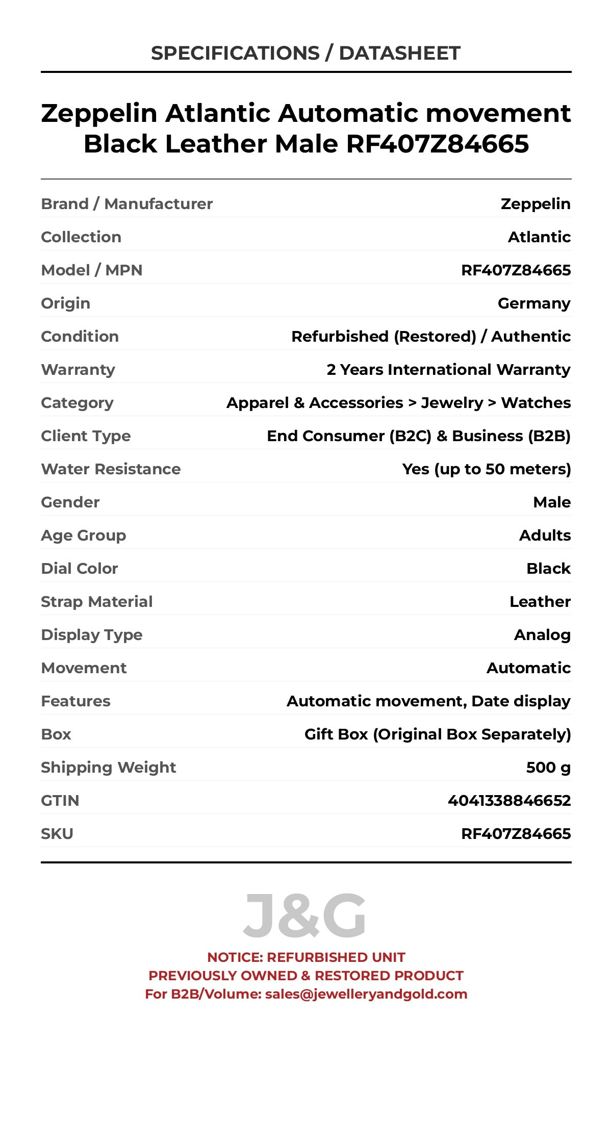 Zeppelin Atlantic Automatic movement Black Leather Male RF407Z84665 - Specifications