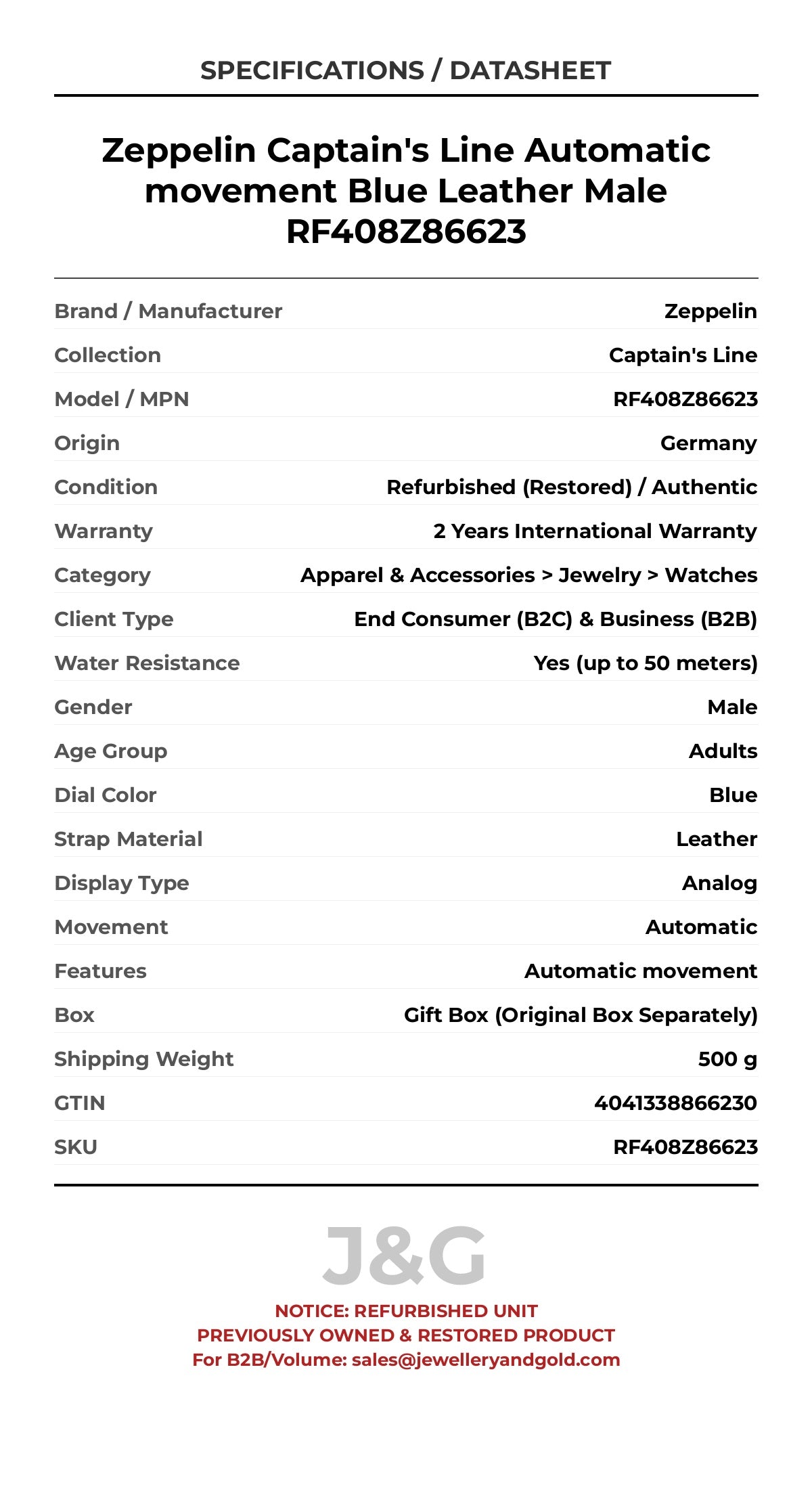 Zeppelin Captain's Line Automatic movement Blue Leather Male RF408Z86623 - Specifications