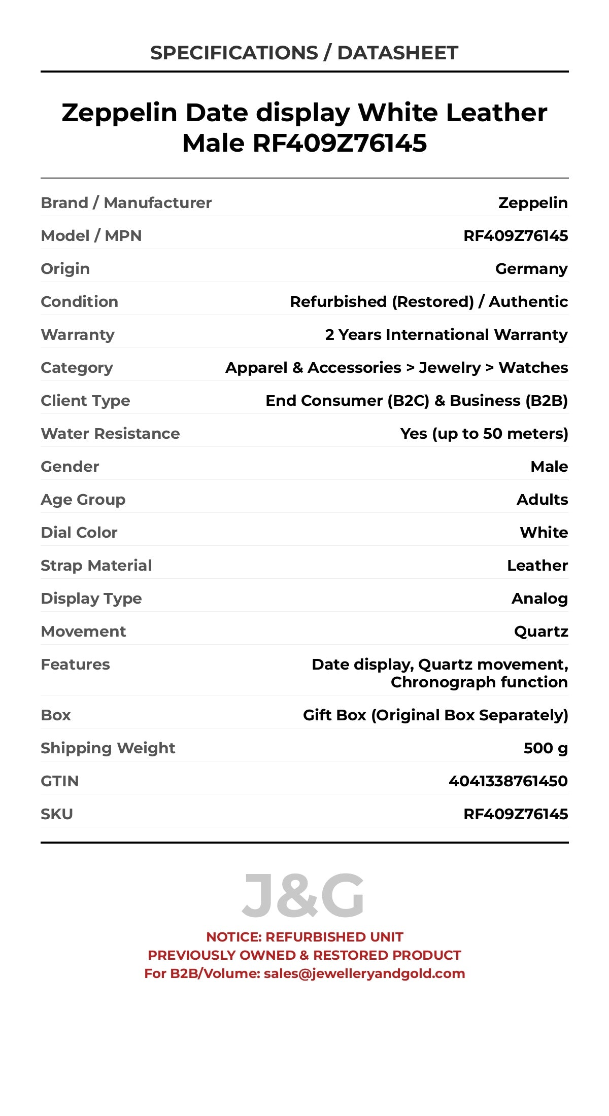 Zeppelin Date display White Leather Male RF409Z76145 - Specifications