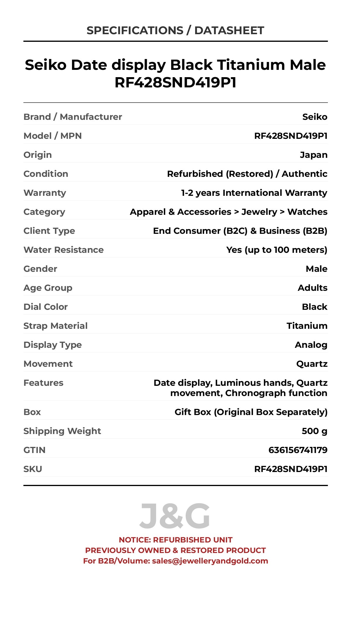 Seiko Date display Black Titanium Male RF428SND419P1 - Specifications