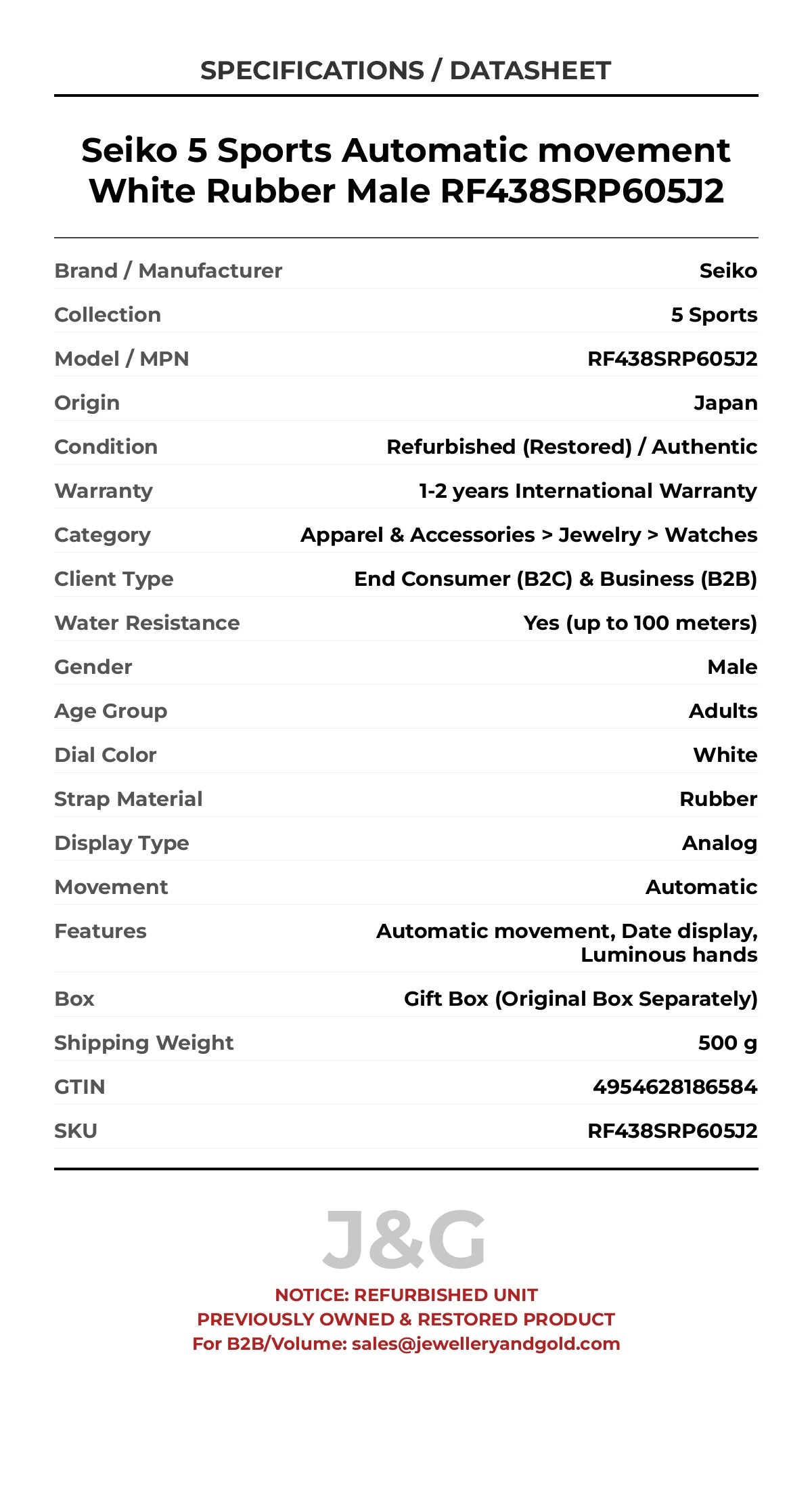 Seiko 5 Sports Automatic movement White Rubber Male RF438SRP605J2 - Specifications