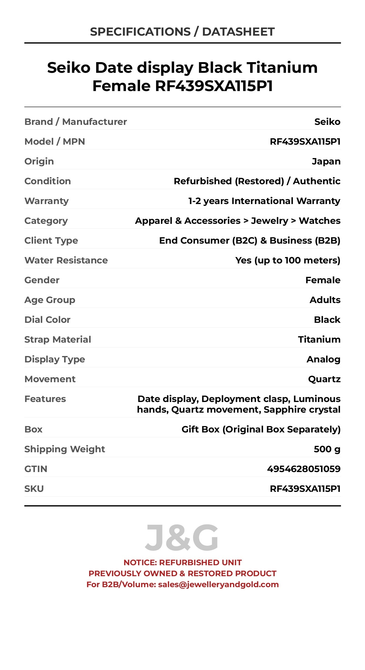 Seiko Date display Black Titanium Female RF439SXA115P1 - Specifications