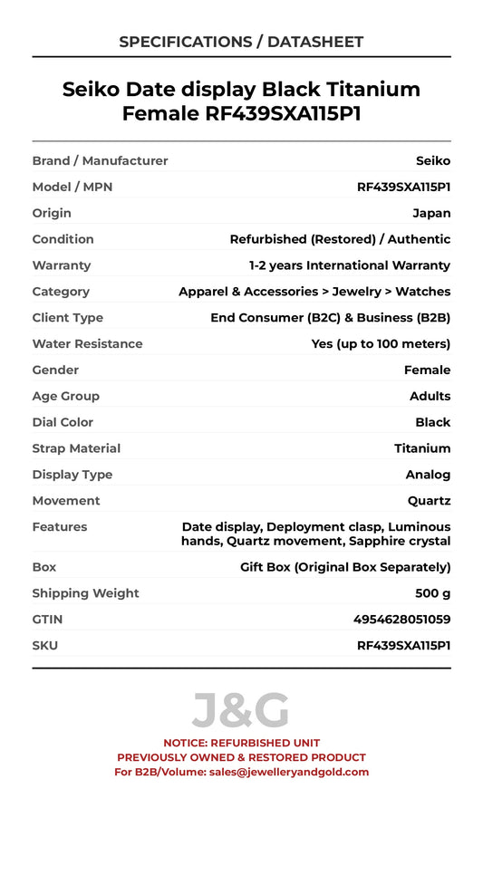 Seiko Date display Black Titanium Female RF439SXA115P1 - Specifications