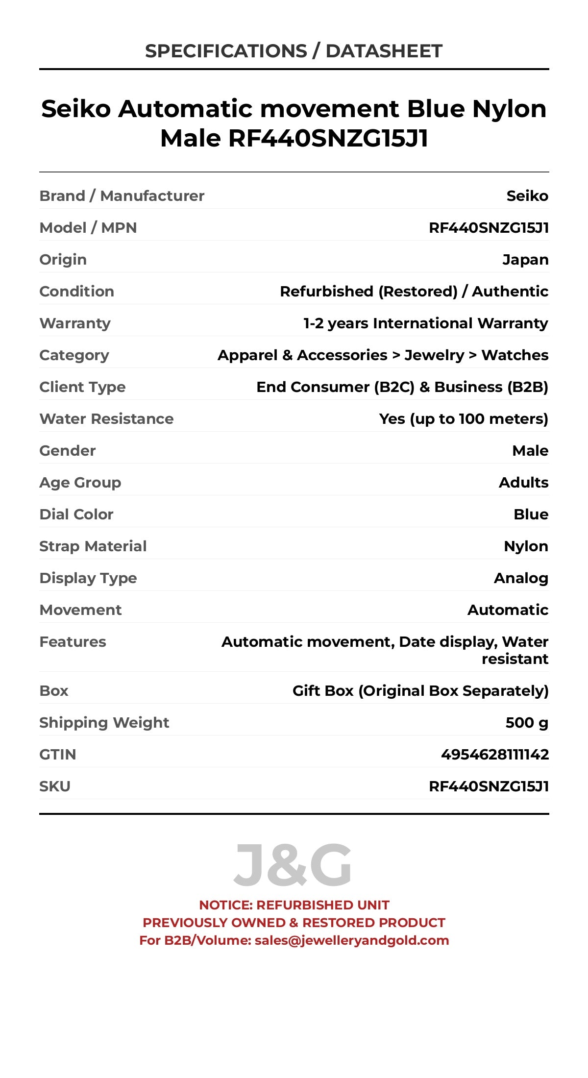 Seiko Automatic movement Blue Nylon Male RF440SNZG15J1 - Specifications